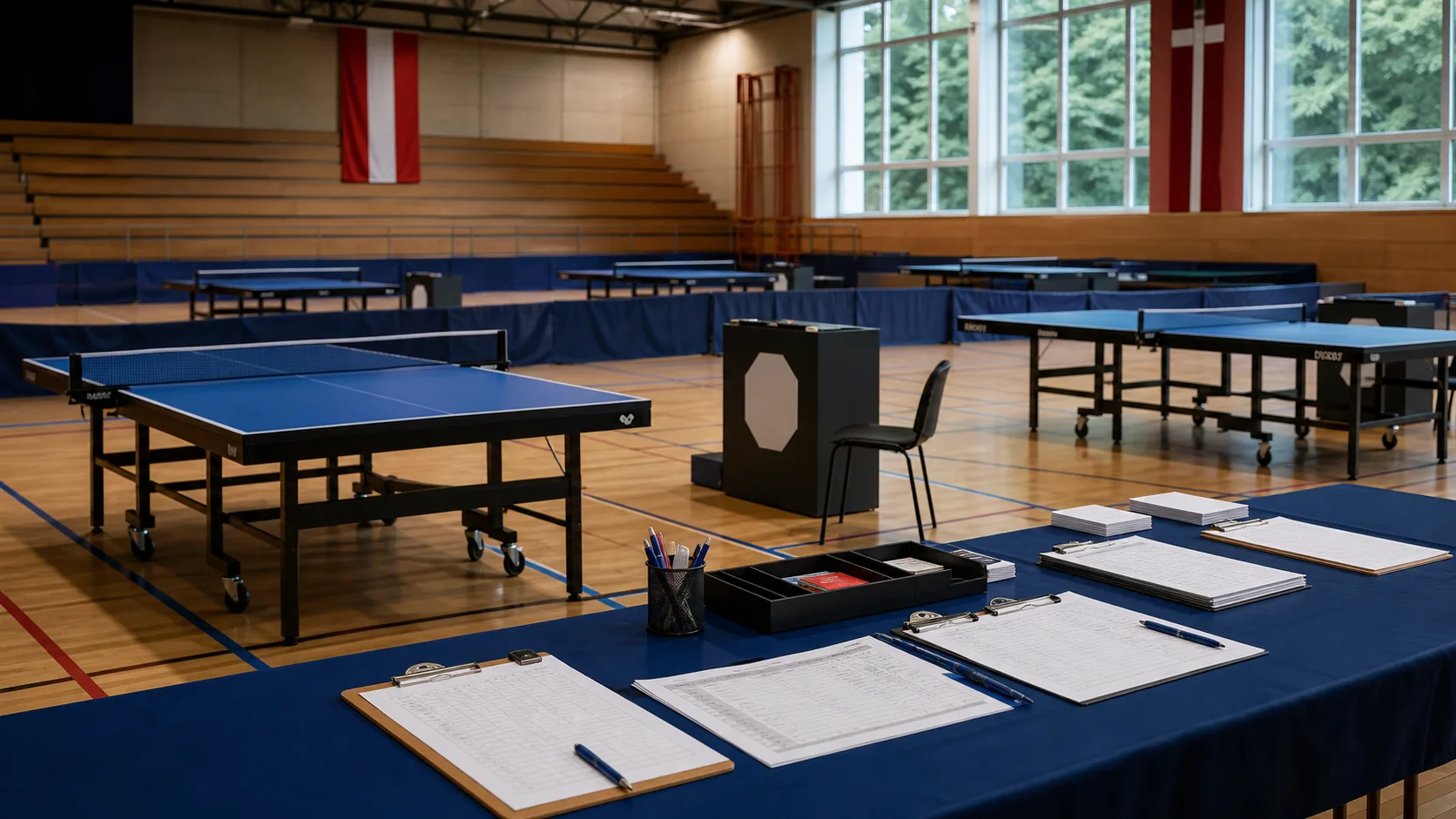 Tischtennis-Vereinsturnier als wiederholbarer Ablauf mit vorbereiteten Tischen, Unterlagen und Meldestelle in der Halle